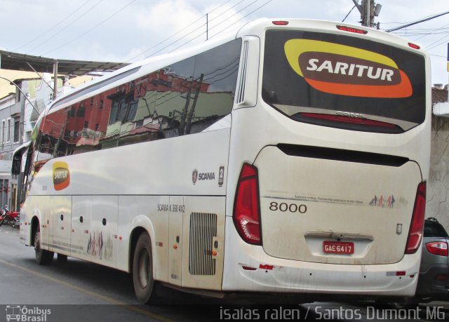 Saritur - Santa Rita Transporte Urbano e Rodoviário 8000 na cidade de Santos Dumont, Minas Gerais, Brasil, por Isaias Ralen. Número da foto: #5803338.