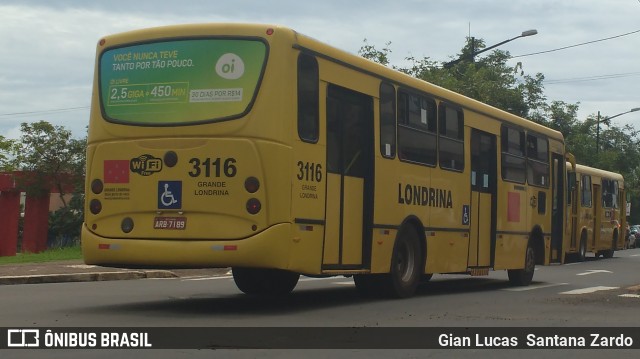 TCGL - Transportes Coletivos Grande Londrina 3116 na cidade de Londrina, Paraná, Brasil, por Gian Lucas  Santana Zardo. ID da foto: 6000307.