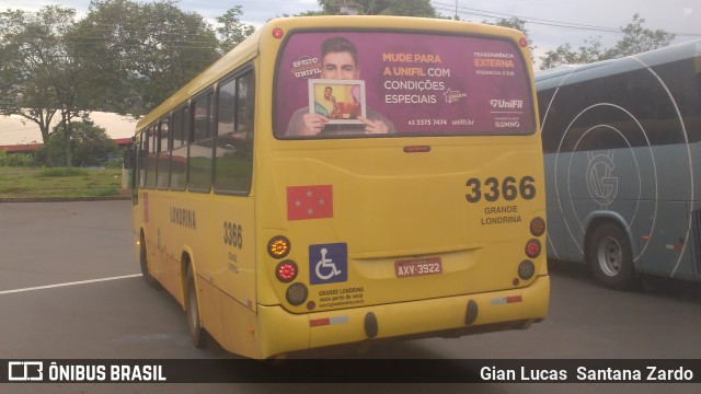 TCGL - Transportes Coletivos Grande Londrina 3366 na cidade de Londrina, Paraná, Brasil, por Gian Lucas  Santana Zardo. Número da foto: #6012517.